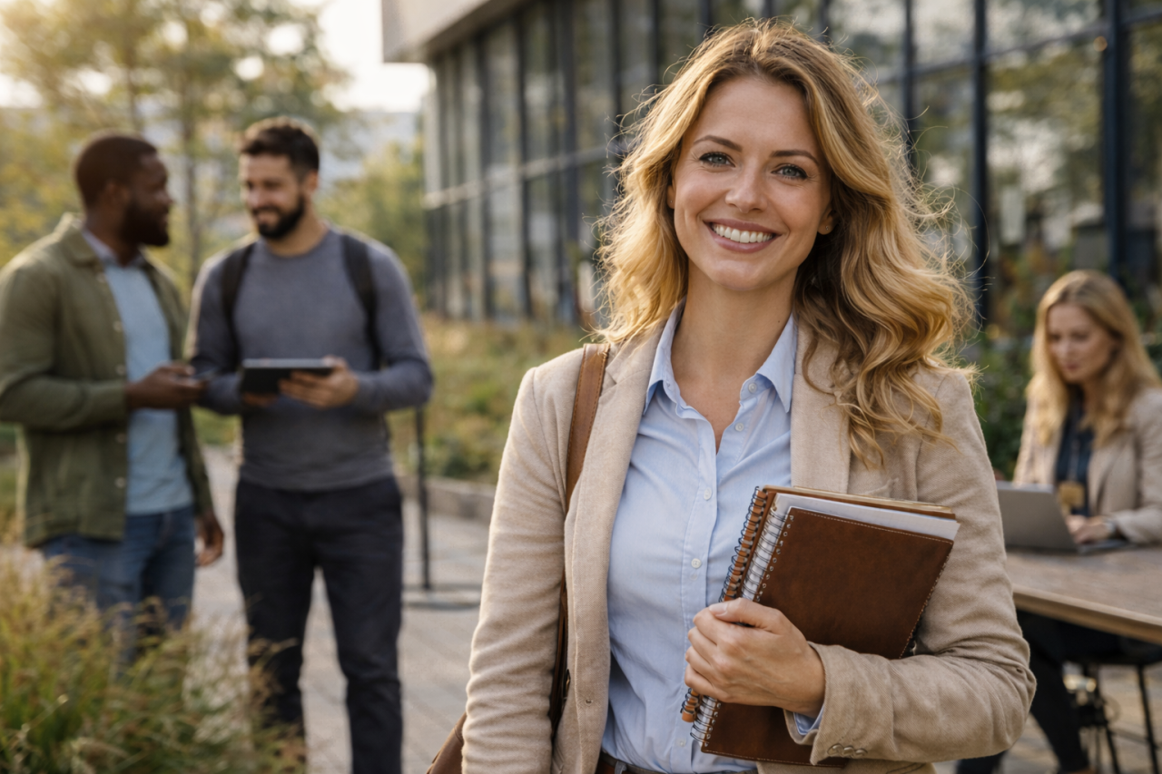 Solt og glad kvinne som holder notatbøekene sine