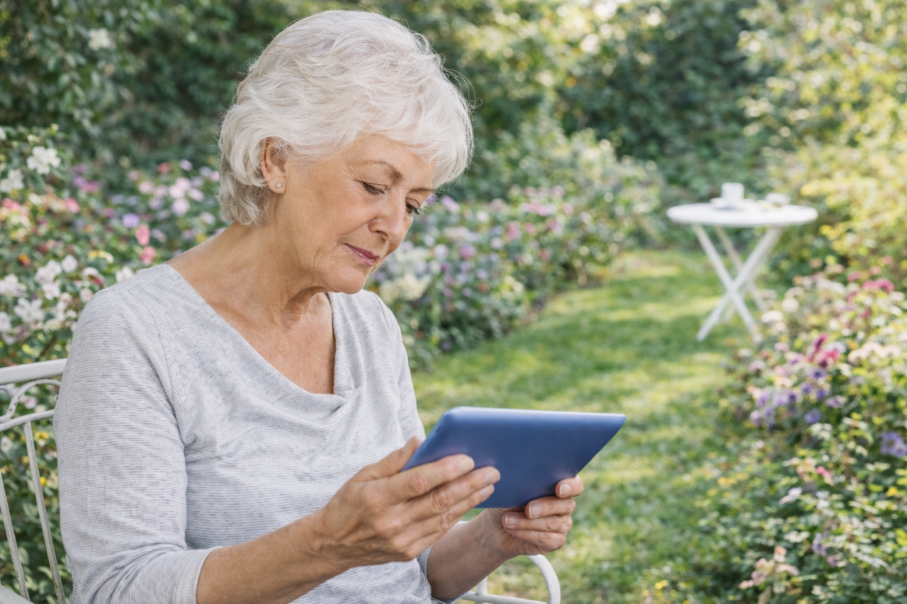 kvinne sitter i hagen sin med nettbrettet